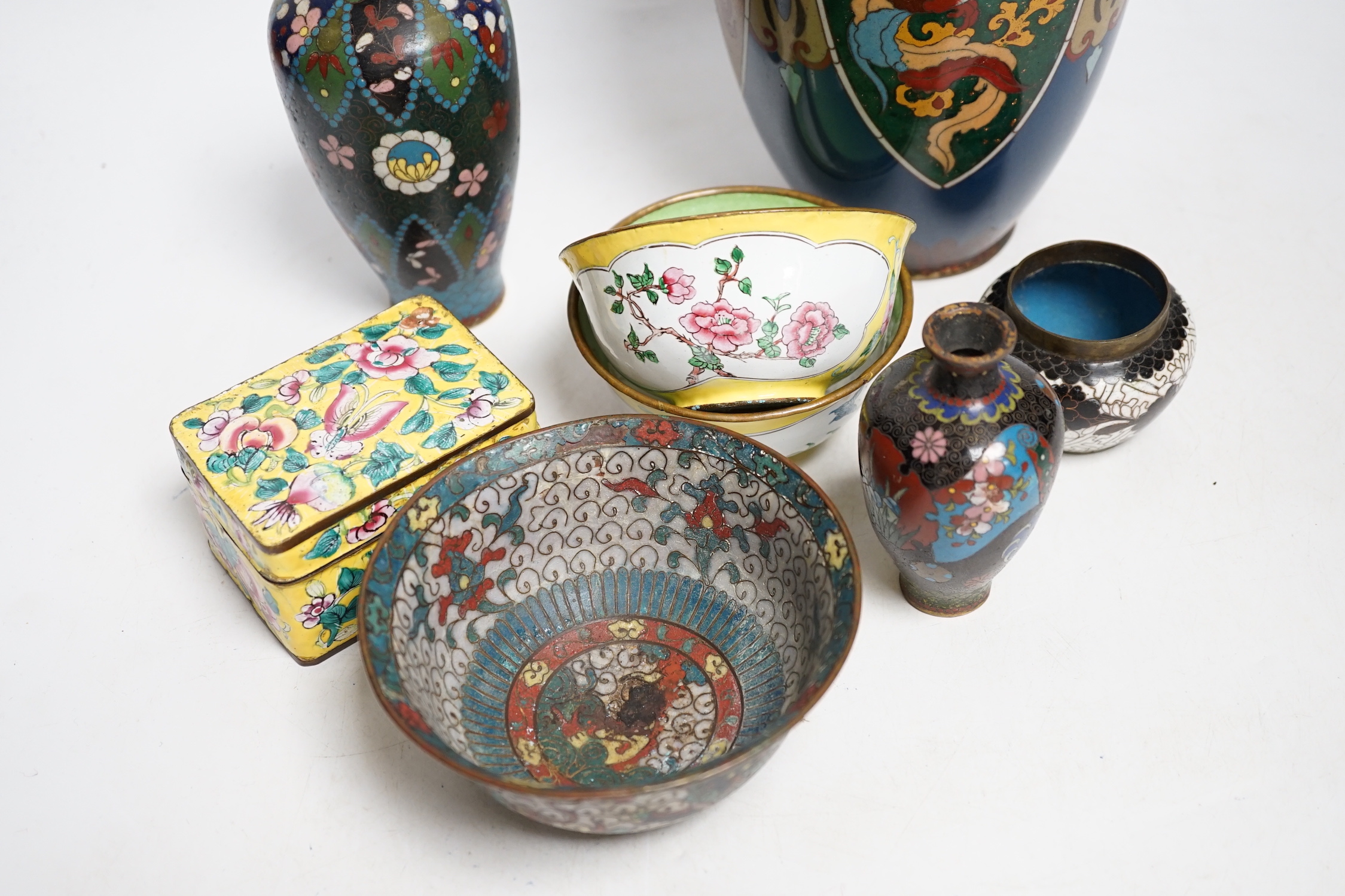 Four Japanese cloisonné enamel vases and a similar bowl and two Canton enamel bowls and similar box and cover, tallest 30cm high